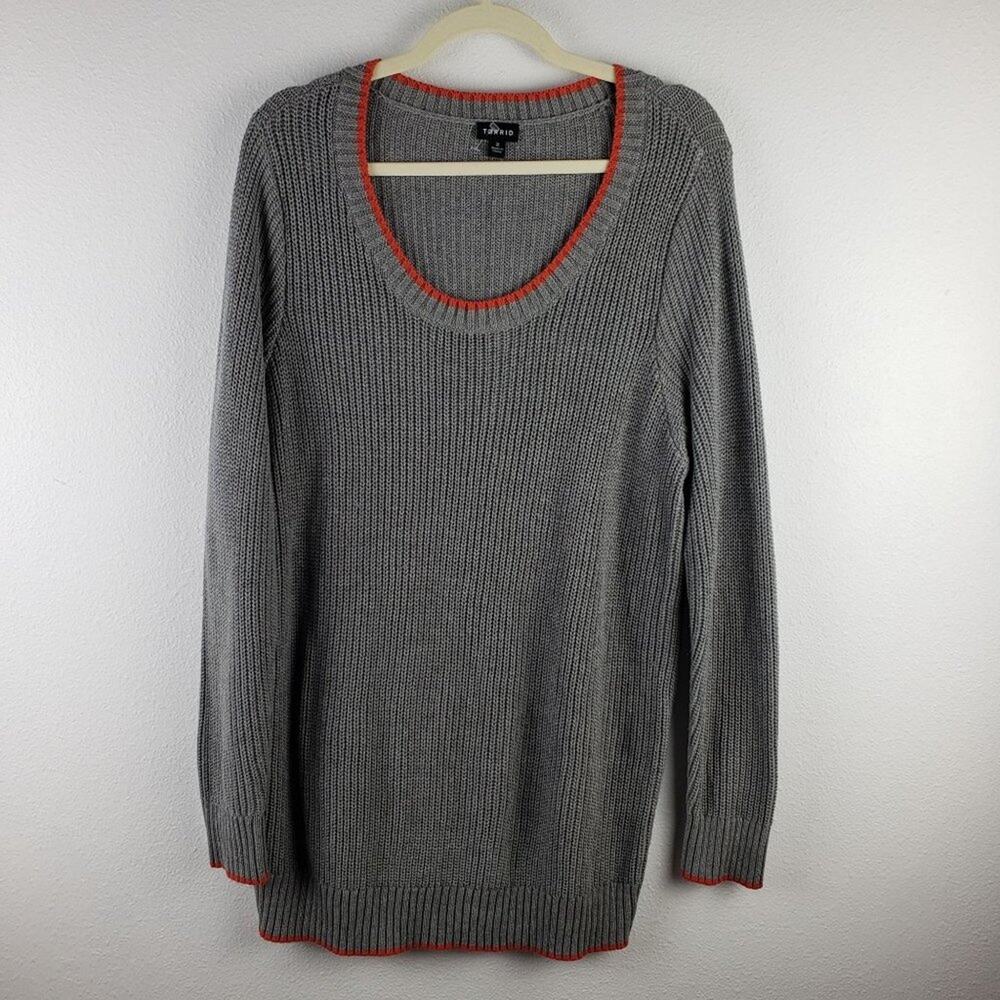Torrid Women's Size 2 Pullover Gray Ribbed Sweater With Orange‎ Trim Scoop Neck